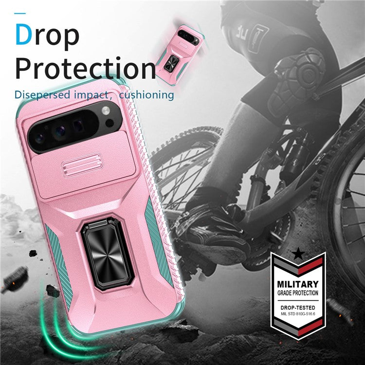 For Google Pixel 9 Pro XL Case TPU+PC Ring Kickstand Phone Cover with Lens Guard - Pink+Grey Green