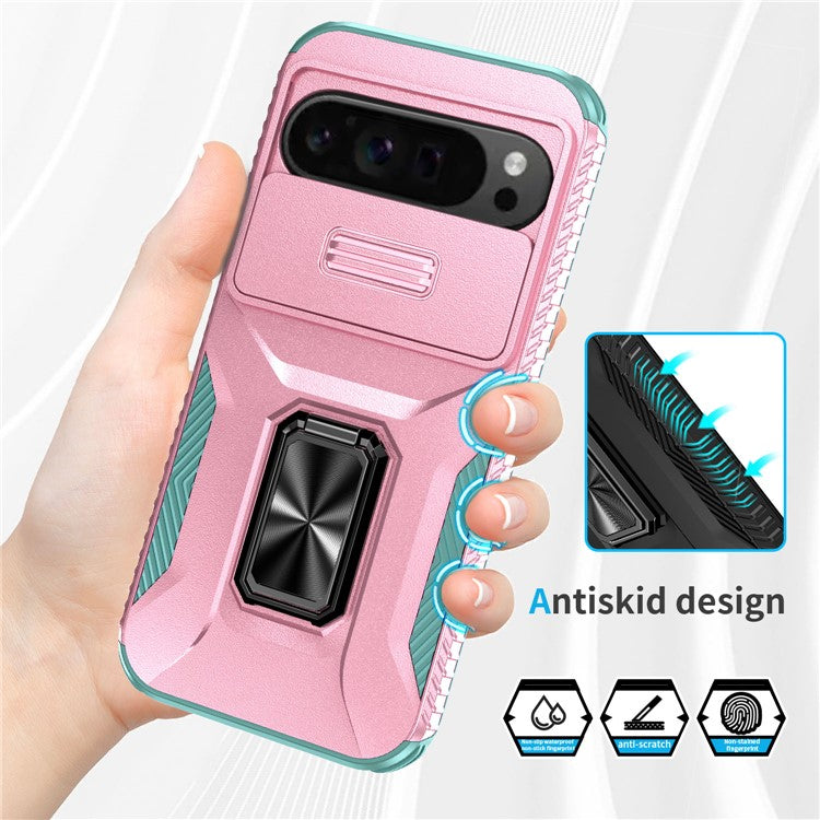 For Google Pixel 9 Pro XL Case TPU+PC Ring Kickstand Phone Cover with Lens Guard - Pink+Grey Green