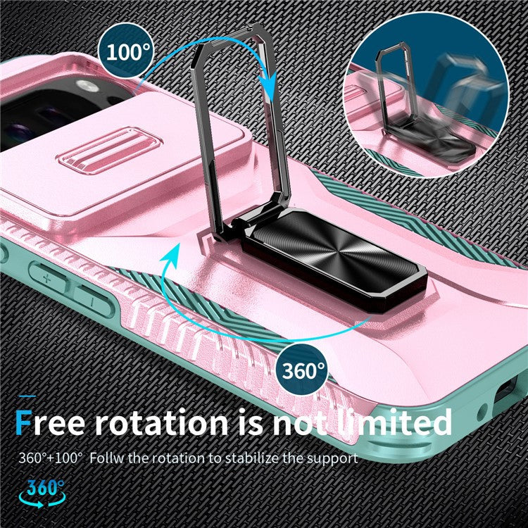 For Google Pixel 9 Pro XL Case TPU+PC Ring Kickstand Phone Cover with Lens Guard - Pink+Grey Green