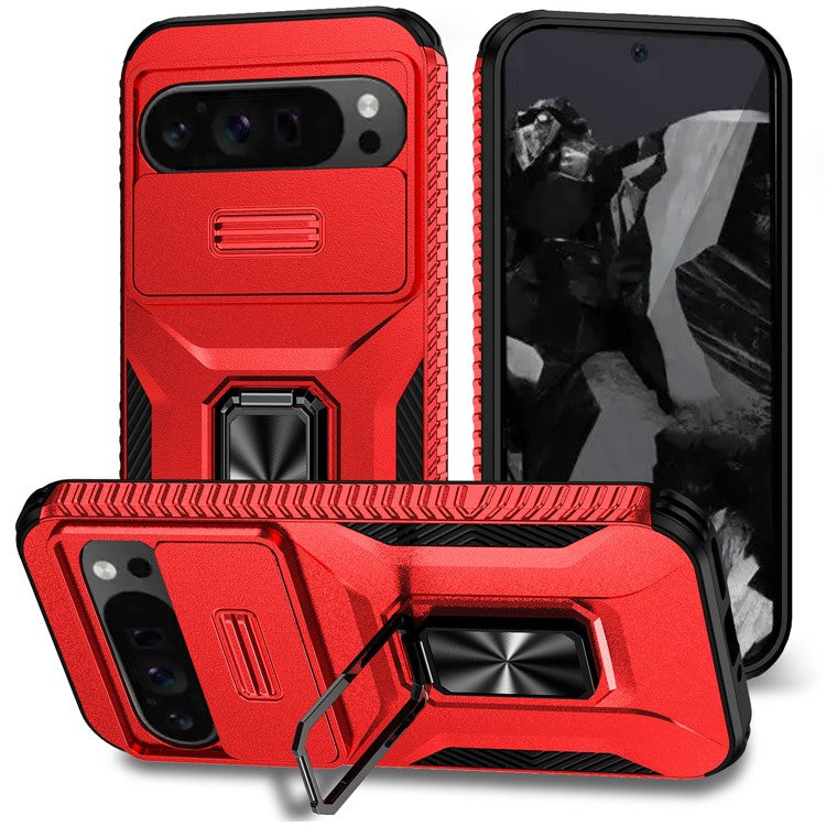 For Google Pixel 9 Pro XL Case TPU+PC Ring Kickstand Phone Cover with Lens Guard - Red