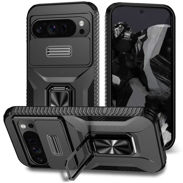 For Google Pixel 9 Pro XL Case TPU+PC Ring Kickstand Phone Cover with Lens Guard - Black