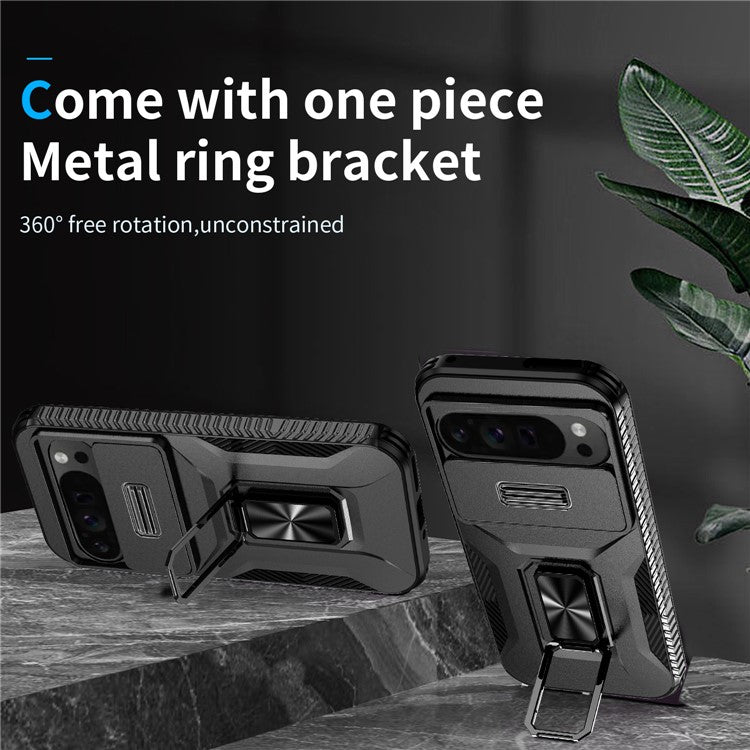 For Google Pixel 9 Pro XL Case TPU+PC Ring Kickstand Phone Cover with Lens Guard - Black