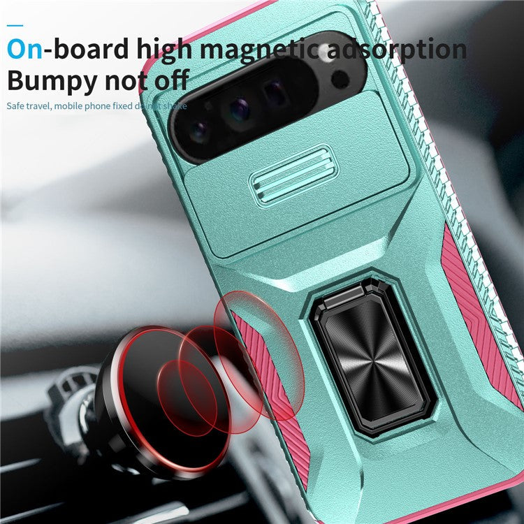 For Google Pixel 9 Pro XL Case TPU+PC Ring Kickstand Phone Cover with Lens Guard - Grey Green+Pink