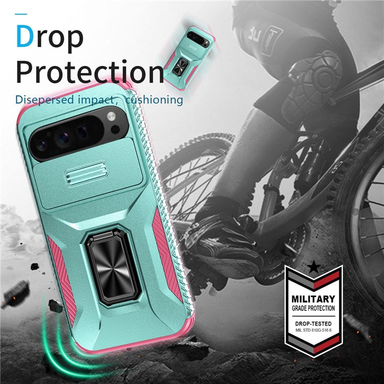 For Google Pixel 9 Pro XL Case TPU+PC Ring Kickstand Phone Cover with Lens Guard - Grey Green+Pink