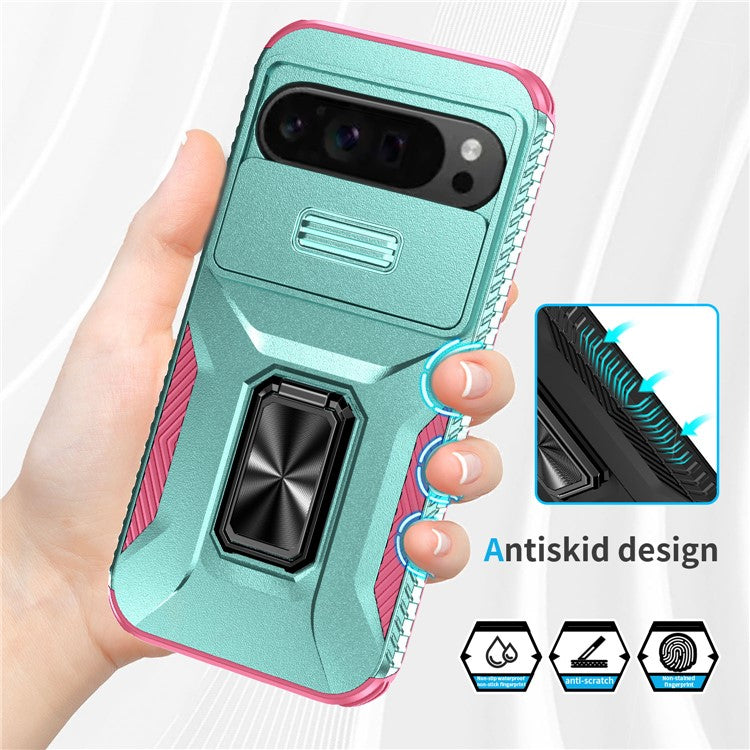 For Google Pixel 9 Pro XL Case TPU+PC Ring Kickstand Phone Cover with Lens Guard - Grey Green+Pink