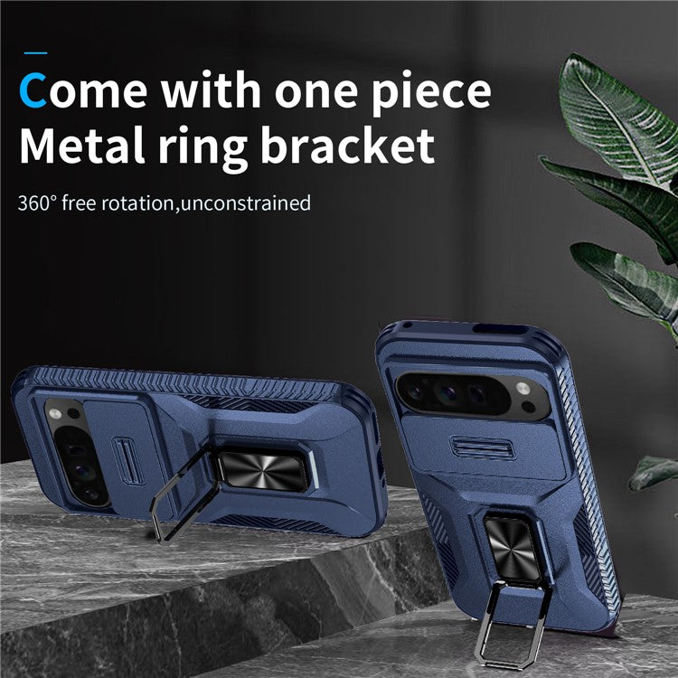 For Google Pixel 9 Pro XL Case TPU+PC Ring Kickstand Phone Cover with Lens Guard - Blue