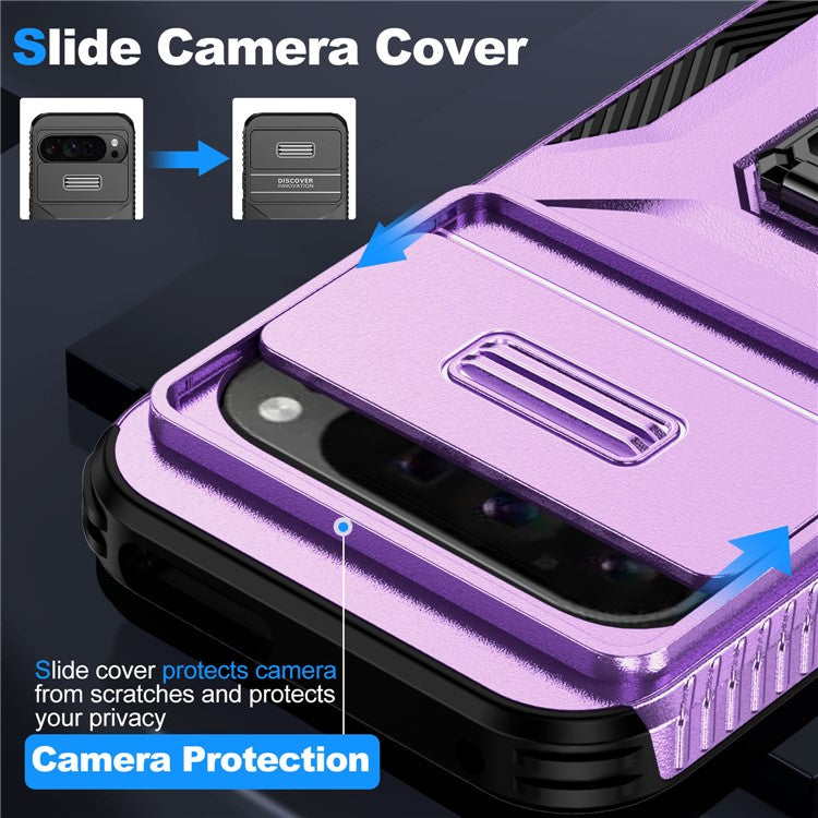 For Google Pixel 9 Pro XL Case TPU+PC Ring Kickstand Phone Cover with Lens Guard - Purple