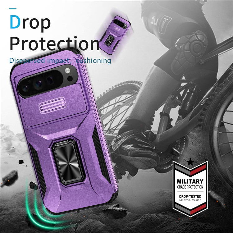 For Google Pixel 9 Pro XL Case TPU+PC Ring Kickstand Phone Cover with Lens Guard - Purple