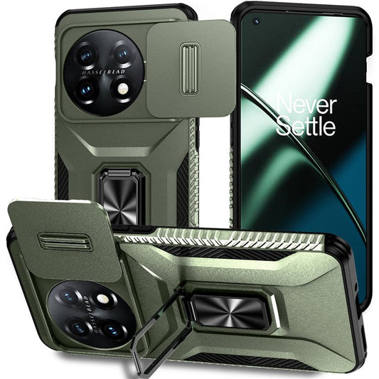 For OnePlus 11 5G Case TPU+PC Ring Kickstand Lens Lid Phone Cover - Green