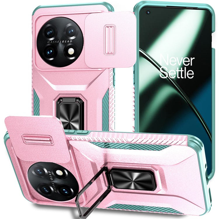 For OnePlus 11 5G Case TPU+PC Ring Kickstand Lens Lid Phone Cover - Pink+Grey Green