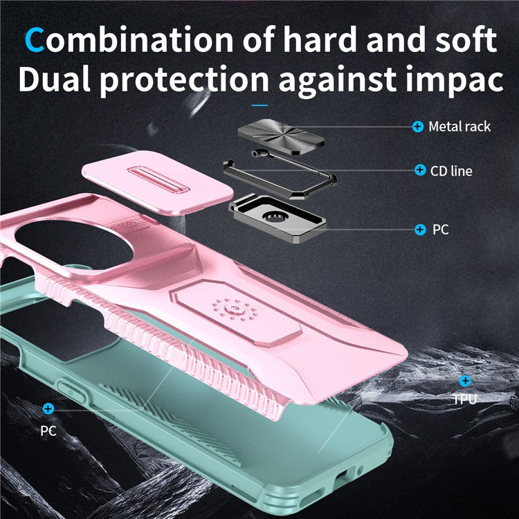 For OnePlus 11 5G Case TPU+PC Ring Kickstand Lens Lid Phone Cover - Pink+Grey Green