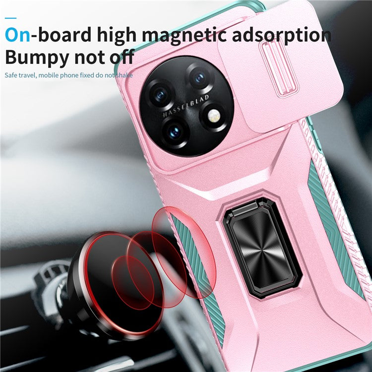 For OnePlus 11 5G Case TPU+PC Ring Kickstand Lens Lid Phone Cover - Pink+Grey Green