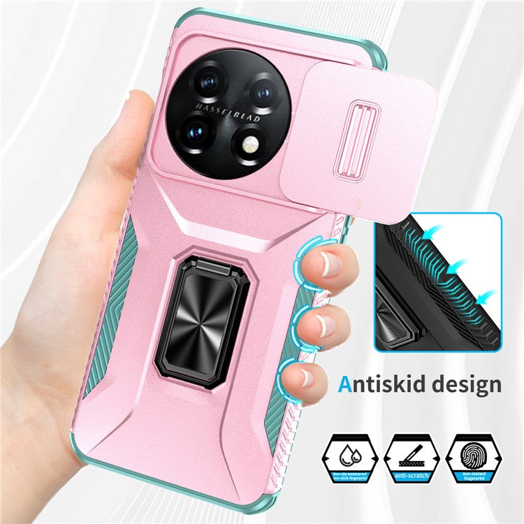 For OnePlus 11 5G Case TPU+PC Ring Kickstand Lens Lid Phone Cover - Pink+Grey Green