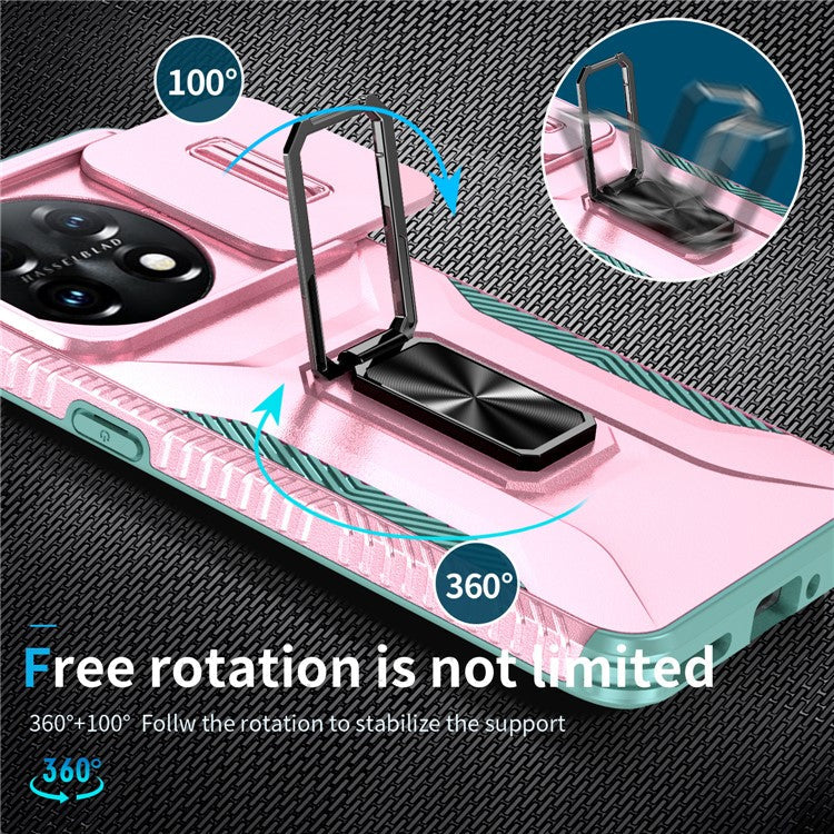 For OnePlus 11 5G Case TPU+PC Ring Kickstand Lens Lid Phone Cover - Pink+Grey Green