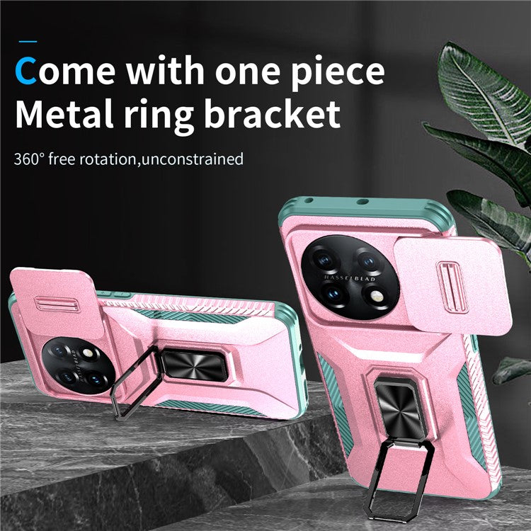 For OnePlus 11 5G Case TPU+PC Ring Kickstand Lens Lid Phone Cover - Pink+Grey Green