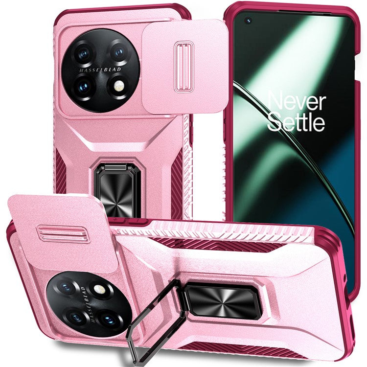 For OnePlus 11 5G Case TPU+PC Ring Kickstand Lens Lid Phone Cover - Pink+Wine Red