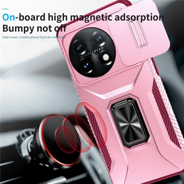 For OnePlus 11 5G Case TPU+PC Ring Kickstand Lens Lid Phone Cover - Pink+Wine Red