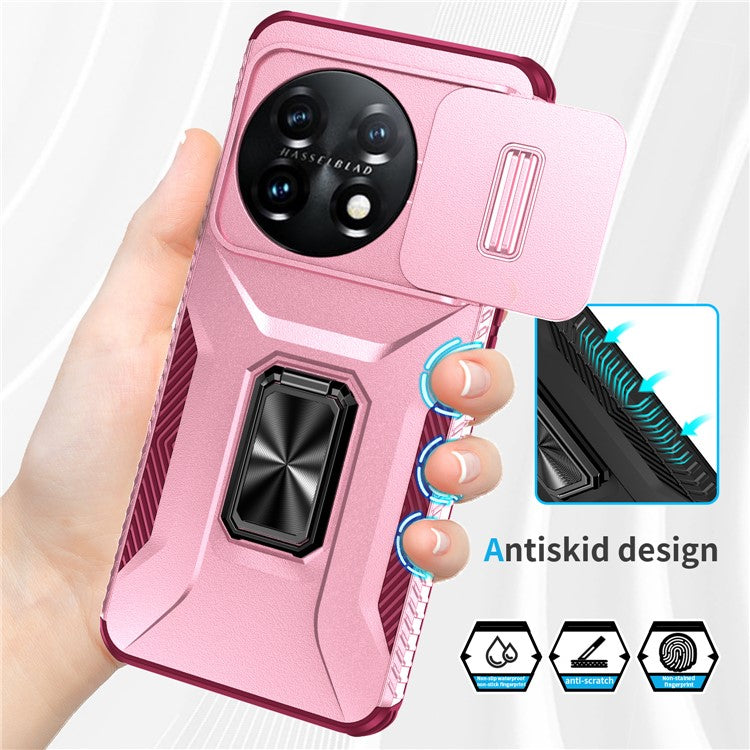 For OnePlus 11 5G Case TPU+PC Ring Kickstand Lens Lid Phone Cover - Pink+Wine Red