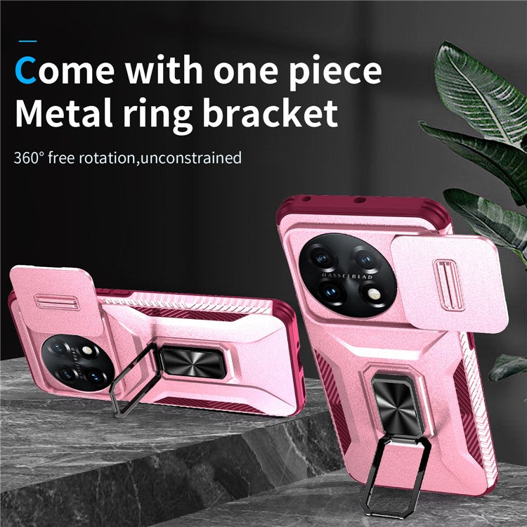 For OnePlus 11 5G Case TPU+PC Ring Kickstand Lens Lid Phone Cover - Pink+Wine Red