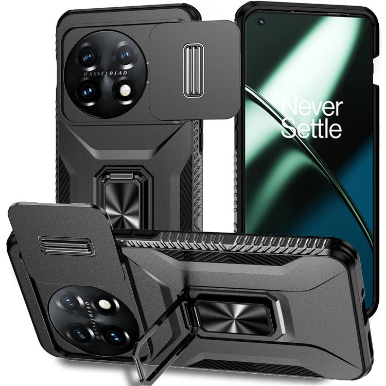 For OnePlus 11 5G Case TPU+PC Ring Kickstand Lens Lid Phone Cover - Black