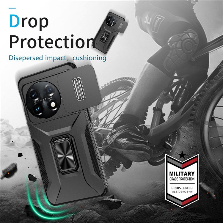 For OnePlus 11 5G Case TPU+PC Ring Kickstand Lens Lid Phone Cover - Black