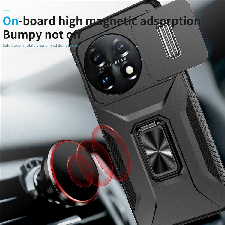 For OnePlus 11 5G Case TPU+PC Ring Kickstand Lens Lid Phone Cover - Black