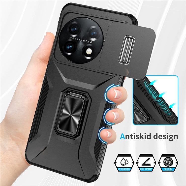 For OnePlus 11 5G Case TPU+PC Ring Kickstand Lens Lid Phone Cover - Black
