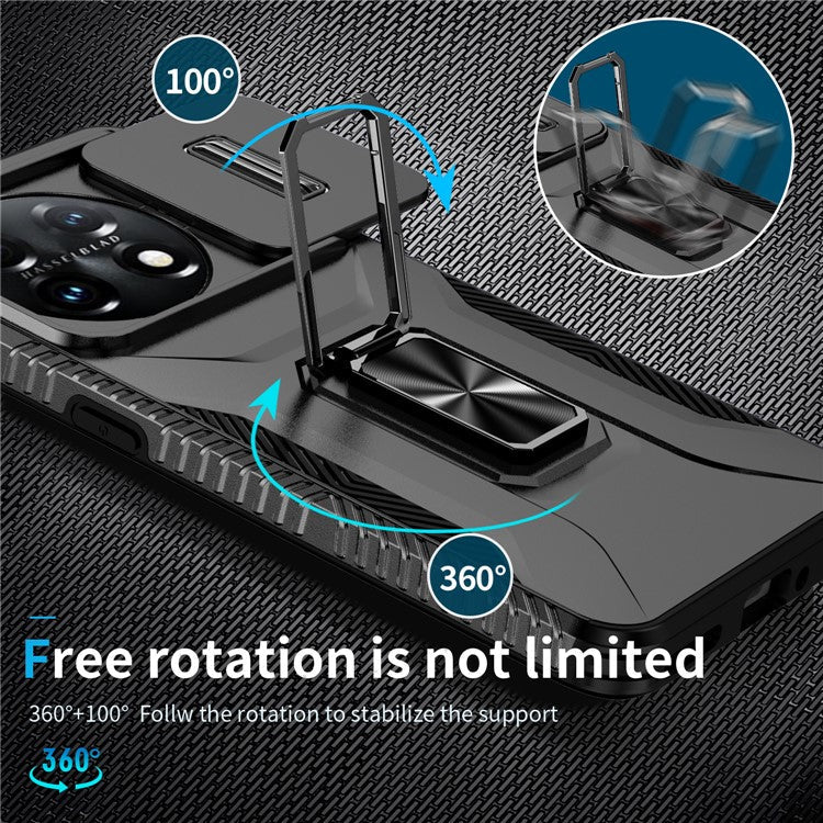 For OnePlus 11 5G Case TPU+PC Ring Kickstand Lens Lid Phone Cover - Black