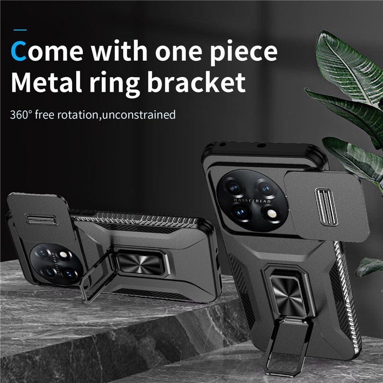 For OnePlus 11 5G Case TPU+PC Ring Kickstand Lens Lid Phone Cover - Black