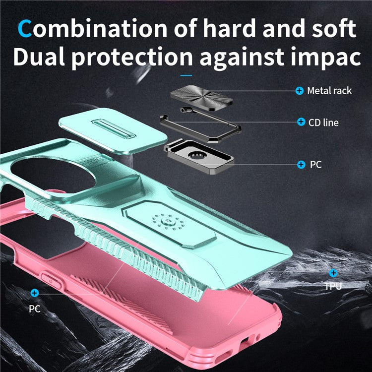 For OnePlus 11 5G Case TPU+PC Ring Kickstand Lens Lid Phone Cover - Grey Green+Pink