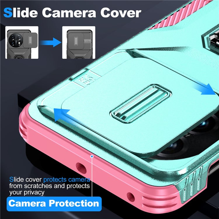 For OnePlus 11 5G Case TPU+PC Ring Kickstand Lens Lid Phone Cover - Grey Green+Pink