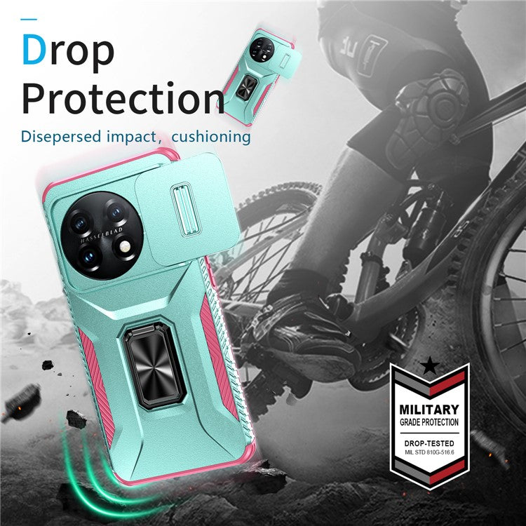 For OnePlus 11 5G Case TPU+PC Ring Kickstand Lens Lid Phone Cover - Grey Green+Pink