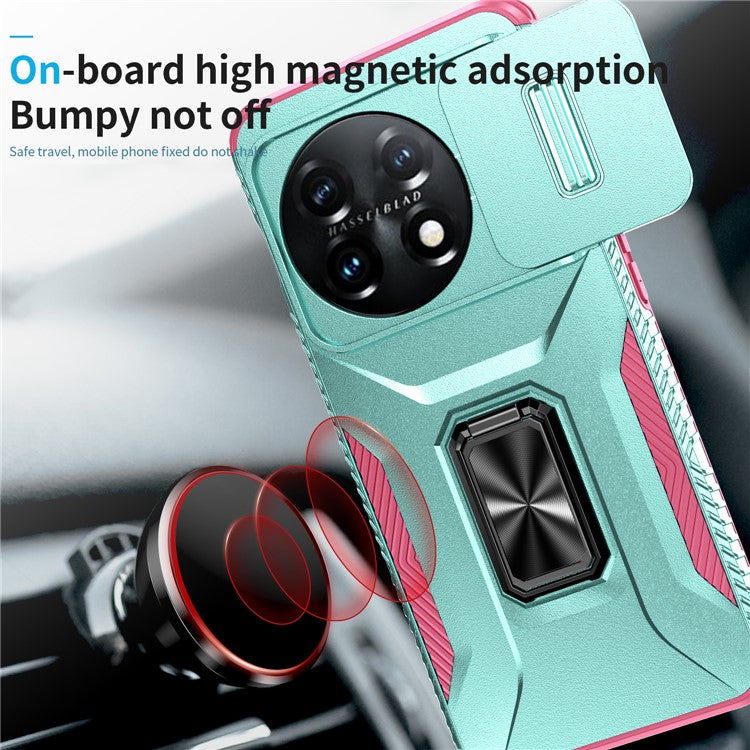 For OnePlus 11 5G Case TPU+PC Ring Kickstand Lens Lid Phone Cover - Grey Green+Pink