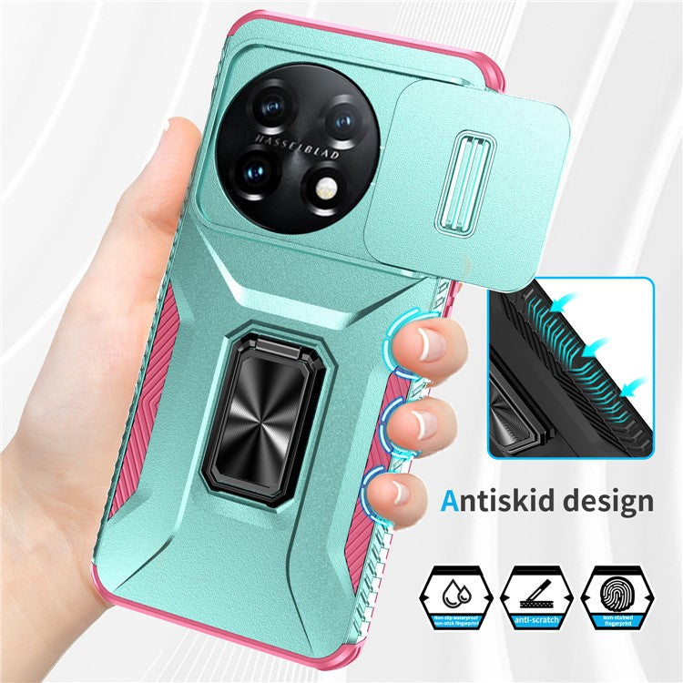 For OnePlus 11 5G Case TPU+PC Ring Kickstand Lens Lid Phone Cover - Grey Green+Pink