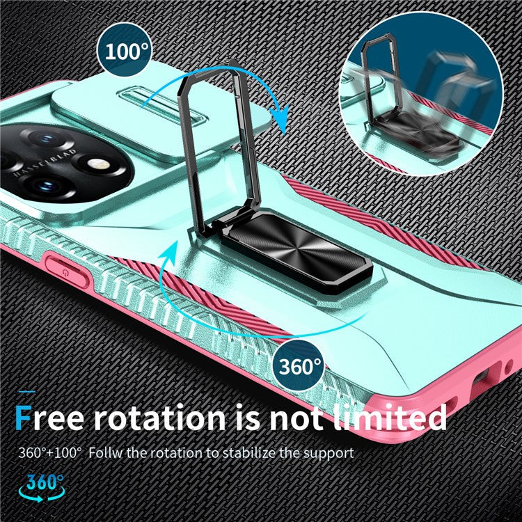 For OnePlus 11 5G Case TPU+PC Ring Kickstand Lens Lid Phone Cover - Grey Green+Pink