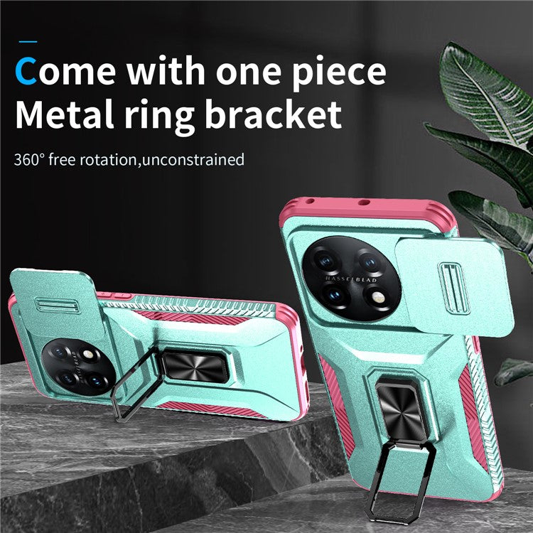 For OnePlus 11 5G Case TPU+PC Ring Kickstand Lens Lid Phone Cover - Grey Green+Pink