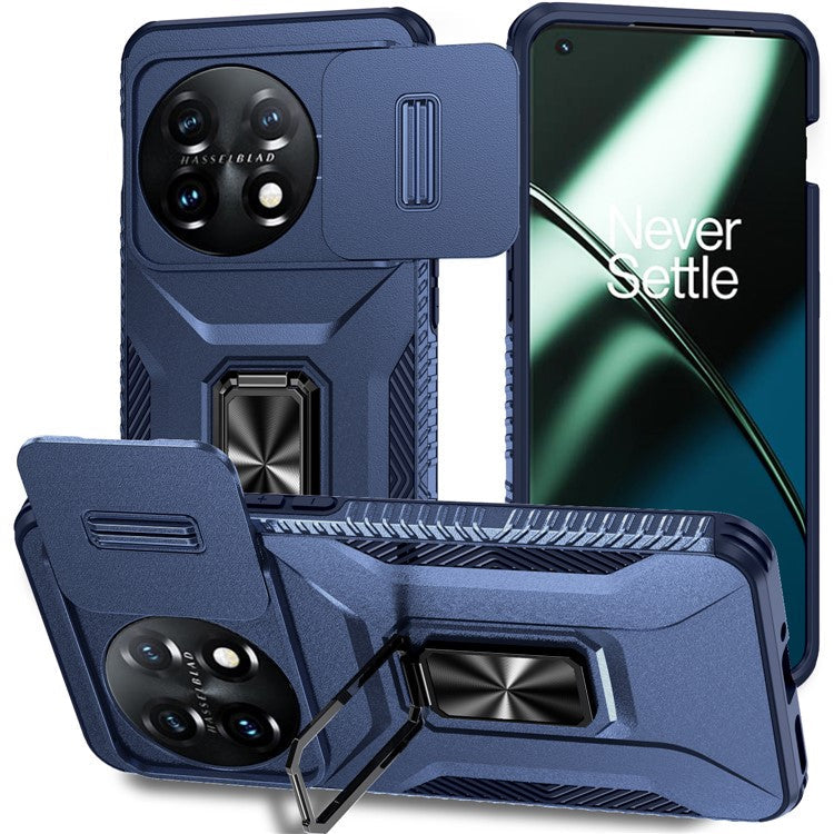 For OnePlus 11 5G Case TPU+PC Ring Kickstand Lens Lid Phone Cover - Blue