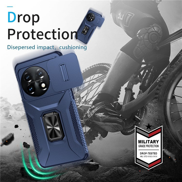 For OnePlus 11 5G Case TPU+PC Ring Kickstand Lens Lid Phone Cover - Blue