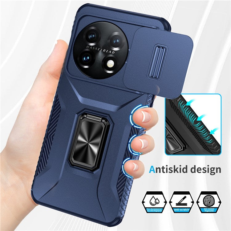For OnePlus 11 5G Case TPU+PC Ring Kickstand Lens Lid Phone Cover - Blue