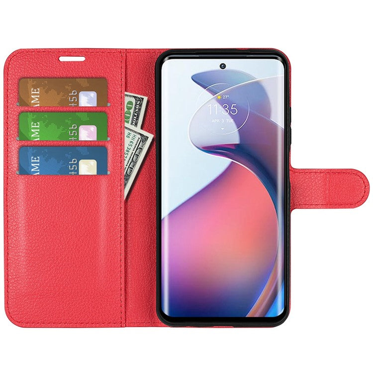 For Motorola Moto S30 Pro 5G / Edge 30 Fusion 5G Litchi Texture Full Protection PU Leather Folio Flip Cover Wallet Stand Phone Cover - Red