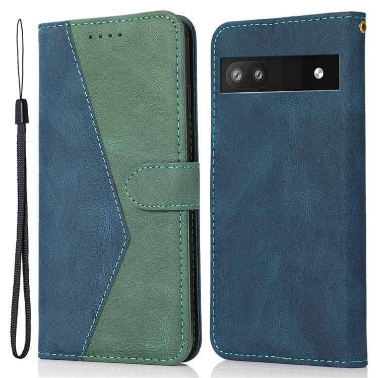 For Google Pixel 8a Case Color Splicing PU Leather Wallet Stand Phone Cover - Blue+Green