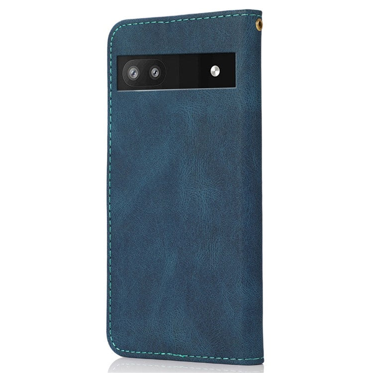 For Google Pixel 8a Case Color Splicing PU Leather Wallet Stand Phone Cover - Blue+Green