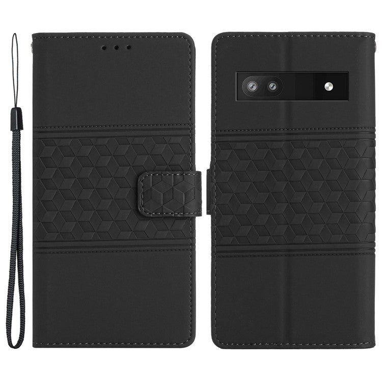 For Google Pixel 8a Wholesale Phone Case Imprinted Rhombus Wallet Phone Stand Cover - Black