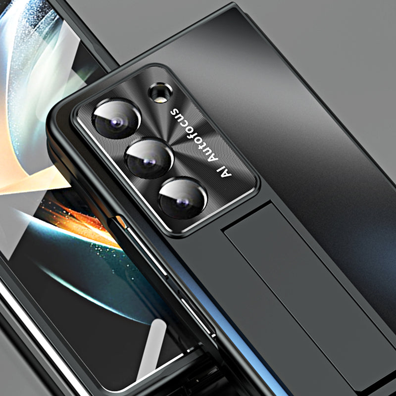 For Samsung Galaxy Z Fold6 5G AG Case Kickstand Matte PC Phone Cover with Tempered Glass Film / Stylus Pen - Black
