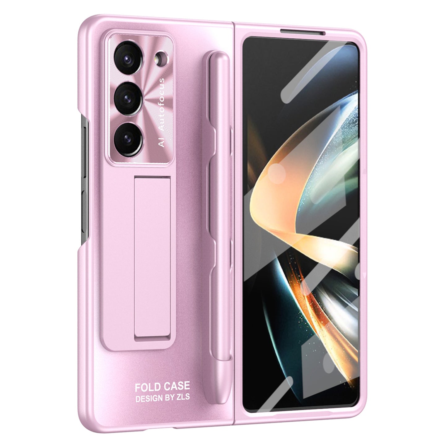 For Samsung Galaxy Z Fold6 5G AG Case Kickstand Matte PC Phone Cover with Tempered Glass Film / Stylus Pen - Pink