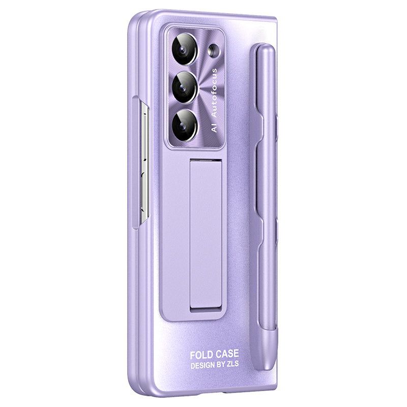 For Samsung Galaxy Z Fold6 5G AG Case Kickstand Matte PC Phone Cover with Tempered Glass Film / Stylus Pen - Purple
