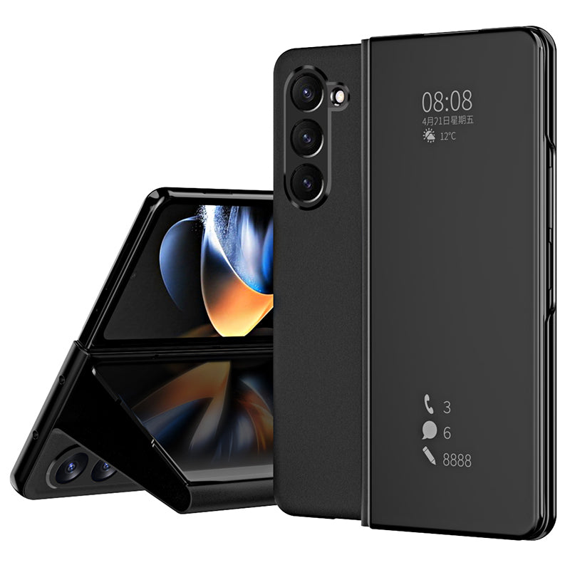 For Samsung Galaxy Z Fold6 5G Case Electroplating View Window Stand Leather Phone Cover - Black