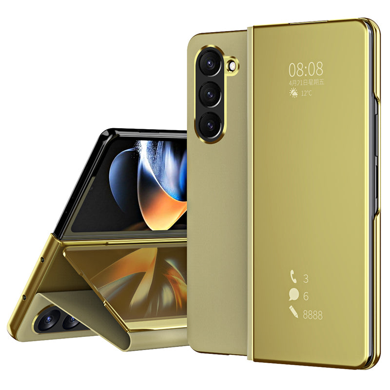 For Samsung Galaxy Z Fold6 5G Case Electroplating View Window Stand Leather Phone Cover - Gold