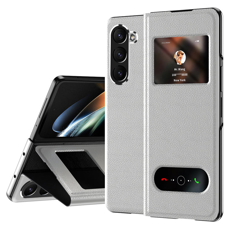 For Samsung Galaxy Z Fold6 5G Case PU Leather Litchi Texture Phone Cover View Window - White