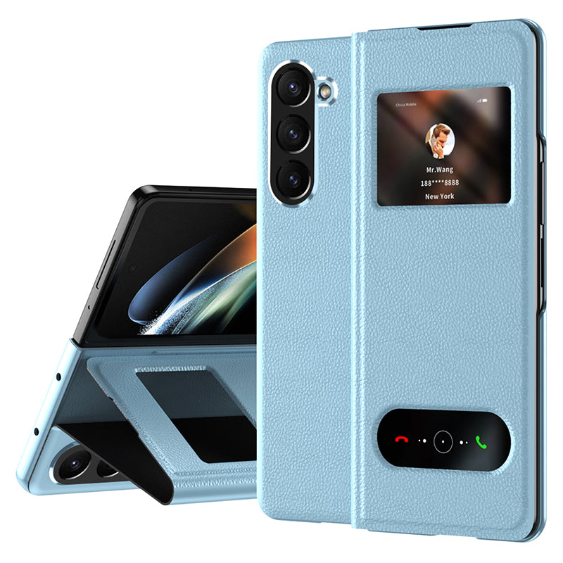 For Samsung Galaxy Z Fold6 5G Case PU Leather Litchi Texture Phone Cover View Window - Blue